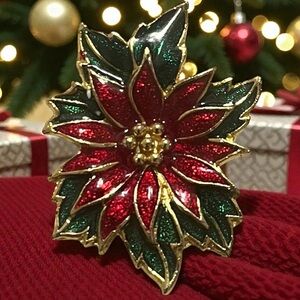 Vintage Holiday Pin Gold Christmas Brooch Enamel Poinsettia Red Green Signed SFJ